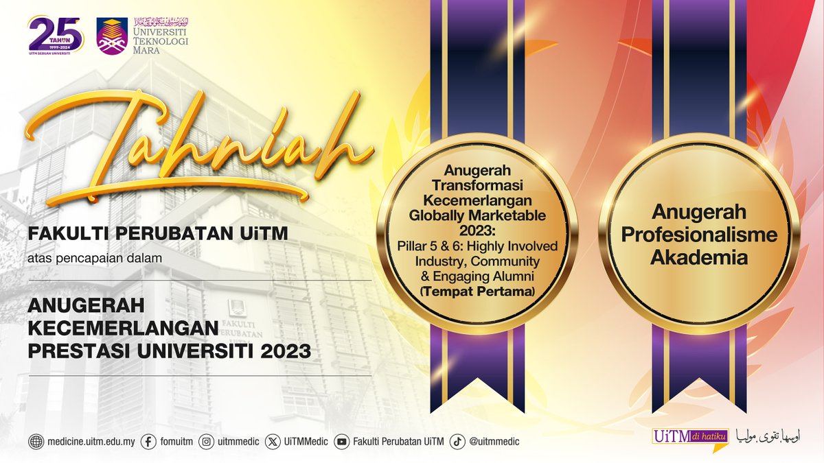 Tahniah diucapkan kepada Fakulti Perubatan UiTM atas penerimaan Anugerah Kecemerlangan Prestasi Universiti 2023 yang berlangsung pada 30 Mei 2024. 

#UiTM
#UiTMDiHatiku
#UiTM25Tahun
#UiTMmedic