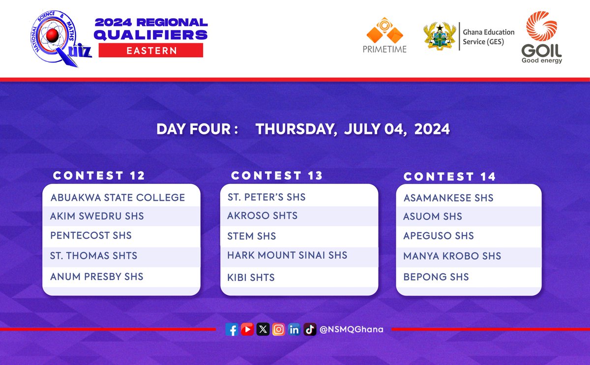 CONFIRMED: Tick tock tick tock. ⏰ The #NSMQRegionals draws closer. Who else can't wait for it to begin? 🤩 In the meantime, let's take a look at the fixtures for the Eastern Region, scheduled to take place on July 1-4, 2024. Share your predictions in the comments...