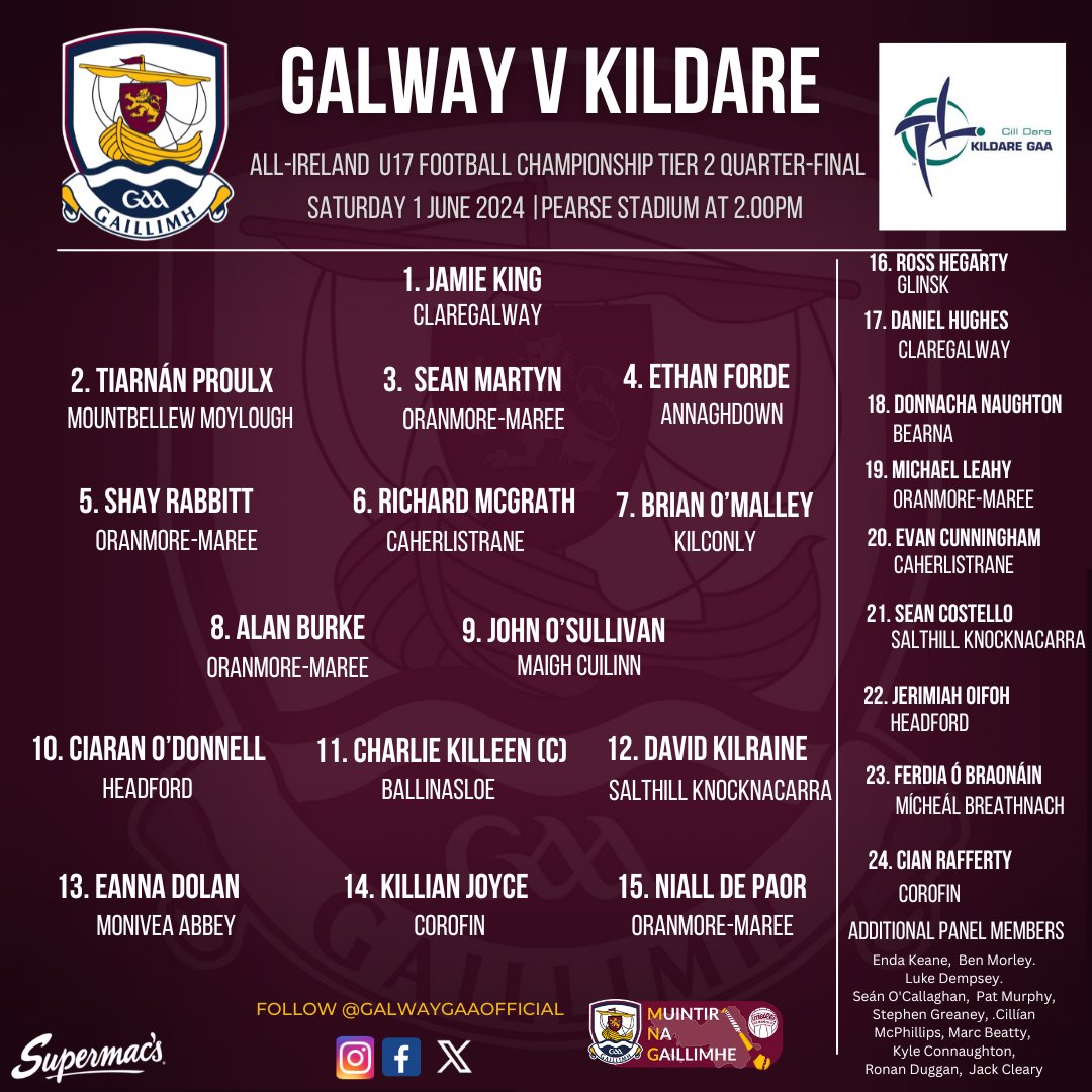 🚨TEAM NEWS 🚨
All-Ireland U17 Football Championship Tier 2 Quarter-Final

Galway v Kildare
📍Pearse Stadium
📆Saturday June 1 
🕑2.00PM

Match Tickets not required , free admission

Best of Luck to Neil McHugh, team management and our Minor squad!

#riseofthetribes
#gaillimhabú