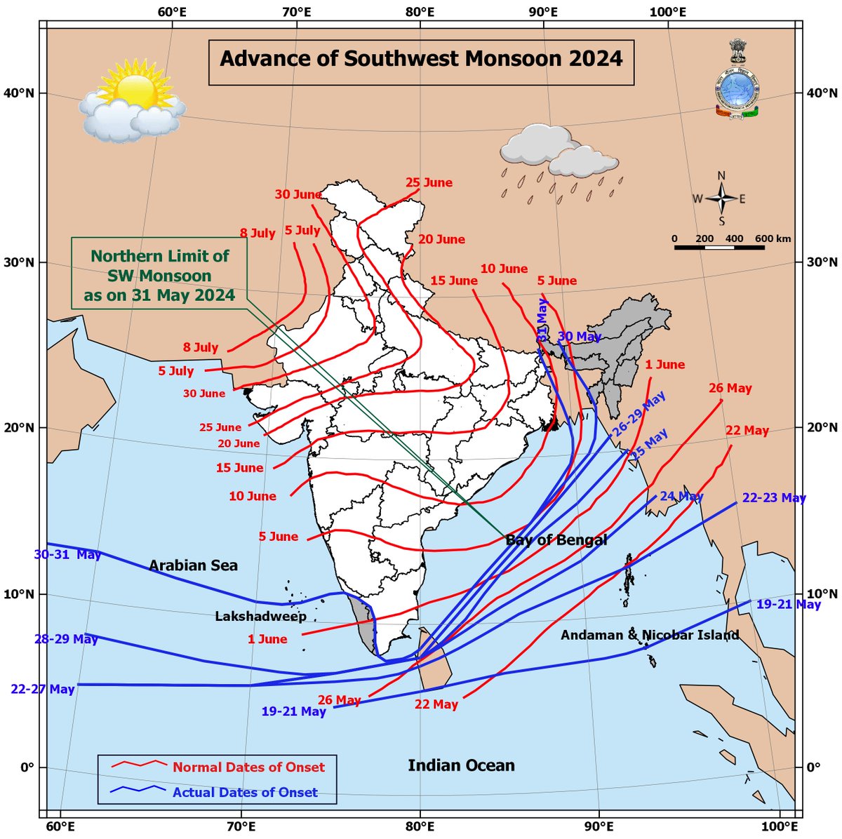 Advance of Southwest Monsoon:

The Southwest Monsoon has advanced into remaining parts of northeast Bay of Bengal and some parts of northwest Bay of Bengal, remaining parts of Tripura, Meghalaya and Assam and most parts of Sub-Himalayan West Bengal & Sikkim.