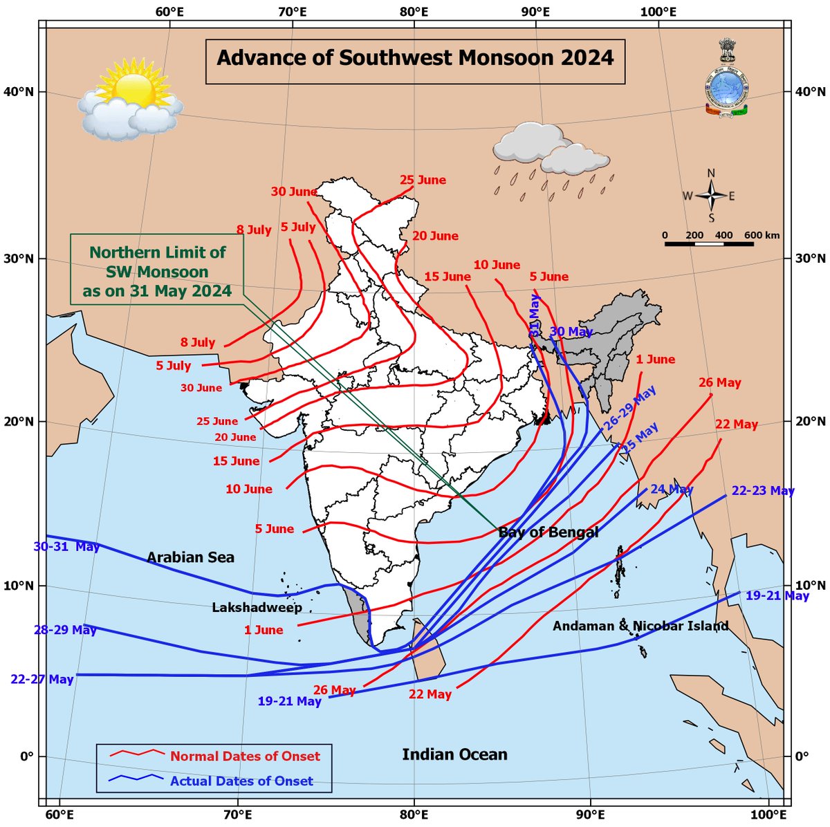 Advance of Southwest Monsoon:

The Southwest Monsoon has advanced into remaining parts of northeast Bay of Bengal and some parts of northwest Bay of Bengal, remaining parts of Tripura, Meghalaya and Assam and most parts of Sub-Himalayan West Bengal &amp; Sikkim.