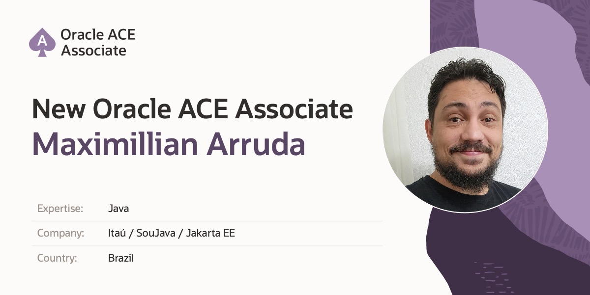 oracleace's tweet image. Please join us in welcoming Maximillian Arruda as a new ACE from Brazil!
@maxdearruda has been involved with software development since 2003. He's a Software engineer, Developer Advocate,Java Developer, SouJava JUG leader&Open-source enthusiast.
social.ora.cl/6011ePnp3
#OracleACE