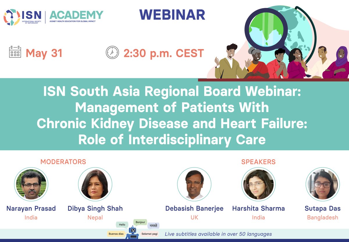 Int Society of Nephrology (@isnkidneycare) on Twitter photo 𝗧𝗢𝗗𝗔𝗬: ISN South Asia Regional Board Webinar: "Management of Patients with CKD and Heart Failure: Role of Interdisciplinary Care"
🗣️ <a href="/debukidney/">Debasish Banerjee</a>, Harshita Sharma, Sutapa Das
👤 <a href="/Narayansgpgims/">Narayan Prasad</a>, Dibya Singh Shah
🕝 2:30 pm CEST
🔗 Free registration: ow.ly/Ihch50RPALt 𝗧𝗢𝗗𝗔𝗬: ISN South Asia Regional Board Webinar: "Management of Patients with CKD and Heart Failure: Role of Interdisciplinary Care"
🗣️ <a href="/debukidney/">Debasish Banerjee</a>, Harshita Sharma, Sutapa Das
👤 <a href="/Narayansgpgims/">Narayan Prasad</a>, Dibya Singh Shah
🕝 2:30 pm CEST
🔗 Free registration: ow.ly/Ihch50RPALt