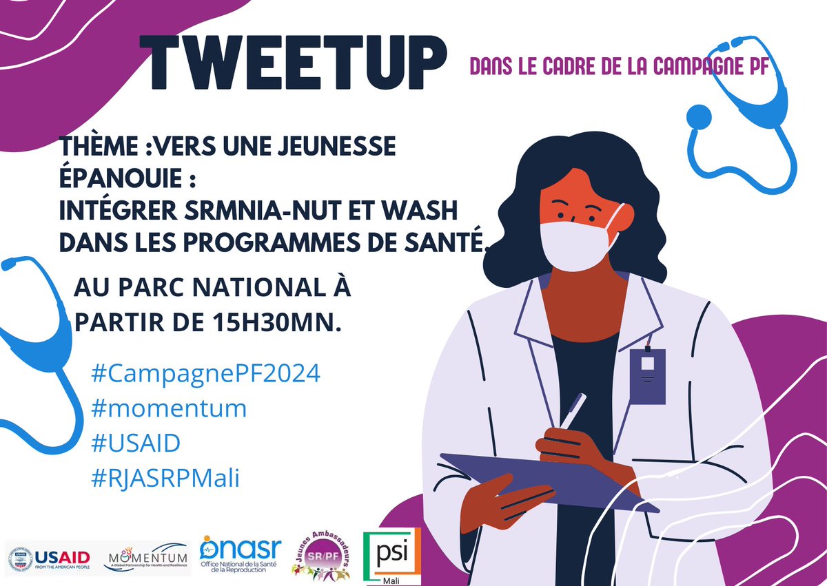 Dans le cadre de la campagne nationale en faveur de la promotion de la planification familiale au Mali,le #RJASRPFMALI
organise un tweet-up sous le thème : vers une Jeunesse Épanouie intégrer le SRMNIA-NUT et WASH dans les Programmes de Santé. 
Ce soir à 16h00 au parc National.