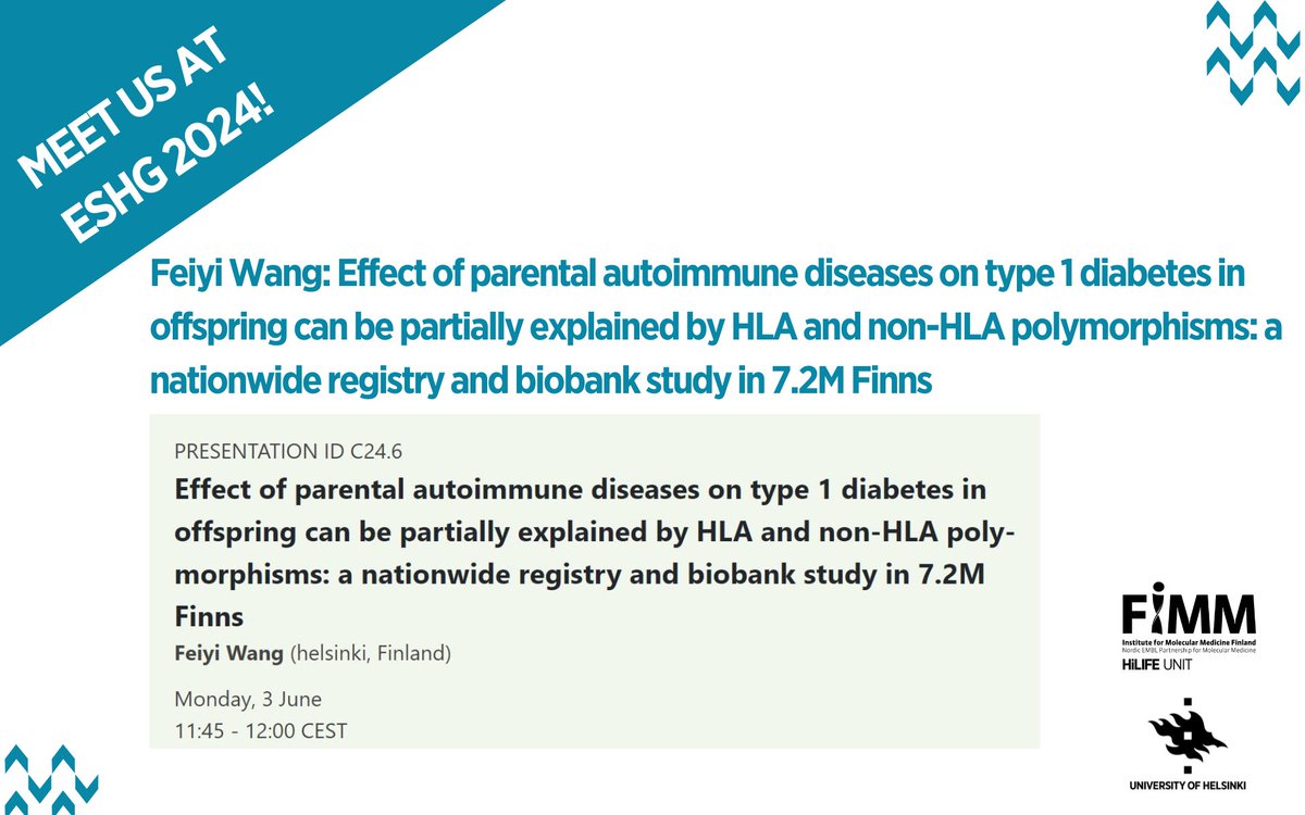 FIMM HelsinkiUni (@fimm_uh) on Twitter photo Monday 3 June, PRESENTATION ID C24.6
Effect of parental autoimmune diseases on type 1 diabetes in offspring can be partially explained by HLA and non-HLA polymorphisms: a nationwide registry and biobank study in 7.2M Finns
<a href="/feiyi_wang/">Feiyi Wang</a> Monday 3 June, PRESENTATION ID C24.6
Effect of parental autoimmune diseases on type 1 diabetes in offspring can be partially explained by HLA and non-HLA polymorphisms: a nationwide registry and biobank study in 7.2M Finns
<a href="/feiyi_wang/">Feiyi Wang</a>