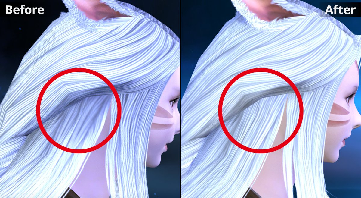 FFXIV Dawntrail graphic improvements examples made with Hyur, Lalafell, and Miqo'te that include adjustments to shading, make-up, textures, and more! #FFXIV