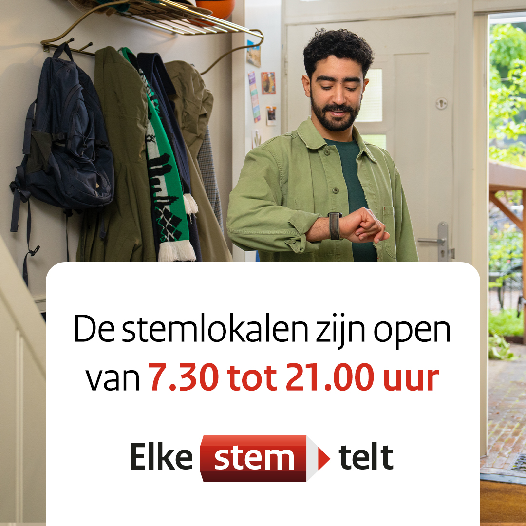 Donderdag 6 juni is de verkiezing voor het Europees Parlement. 𝗝𝗲 𝗸𝘂𝗻𝘁 𝘀𝘁𝗲𝗺𝗺𝗲𝗻 𝘁𝘂𝘀𝘀𝗲𝗻 𝟬𝟳.𝟯𝟬 𝗲𝗻 𝟮𝟭.𝟬𝟬 𝘂𝘂𝗿. 

Meer weten? Ga naar: elkestemtelt.nl