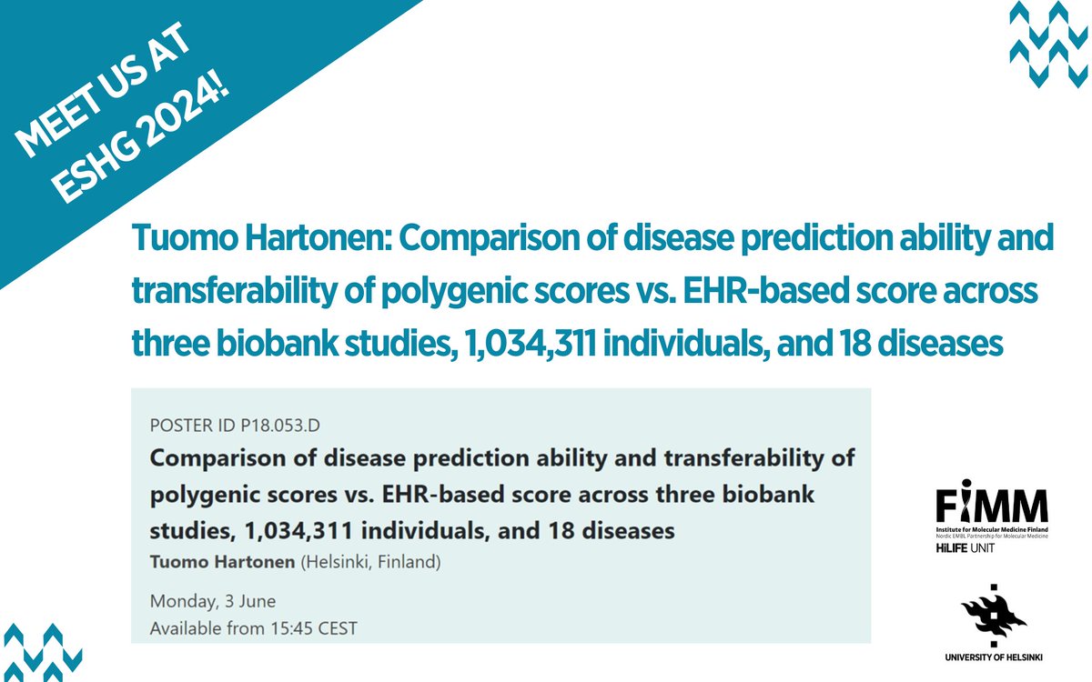 FIMM HelsinkiUni (@fimm_uh) on Twitter photo Monday 3 June, POSTER ID P18.053.D
Comparison of disease prediction ability and transferability of polygenic scores vs. EHR-based score across three biobank studies, 1,034,311 individuals, and 18 diseases
<a href="/tuomohartonen/">Tuomo Hartonen</a> Monday 3 June, POSTER ID P18.053.D
Comparison of disease prediction ability and transferability of polygenic scores vs. EHR-based score across three biobank studies, 1,034,311 individuals, and 18 diseases
<a href="/tuomohartonen/">Tuomo Hartonen</a>