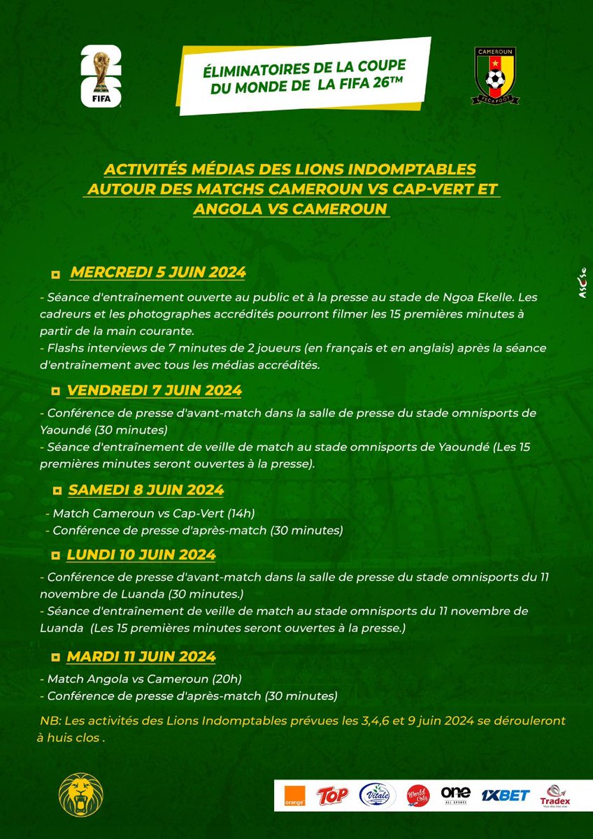 ACTIVITÉS MÉDIAS DES LIONS INDOMPTABLES AUTOUR DES MATCHS CAMEROUN 🆚 CAP-VERT ET ANGOLA  📷 CAMEROUN.   

#CAMEROUN 📷 📷 #CAP_VERT &amp; #FIFAWC2026Q| #CMRCPV | #GOLIONS |  #STARAFRIKMAG |