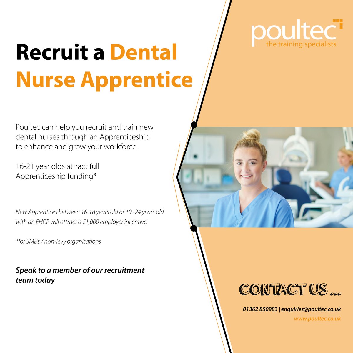 Poultec Training (@poultectraining) on Twitter photo Are you a dental practice looking to recruit a Dental Nurse Apprentice? We can help you recruit and train! 🦷
Contact us today 01362 850983 enquiries@poultec.co.uk Are you a dental practice looking to recruit a Dental Nurse Apprentice? We can help you recruit and train! 🦷
Contact us today 01362 850983 enquiries@poultec.co.uk