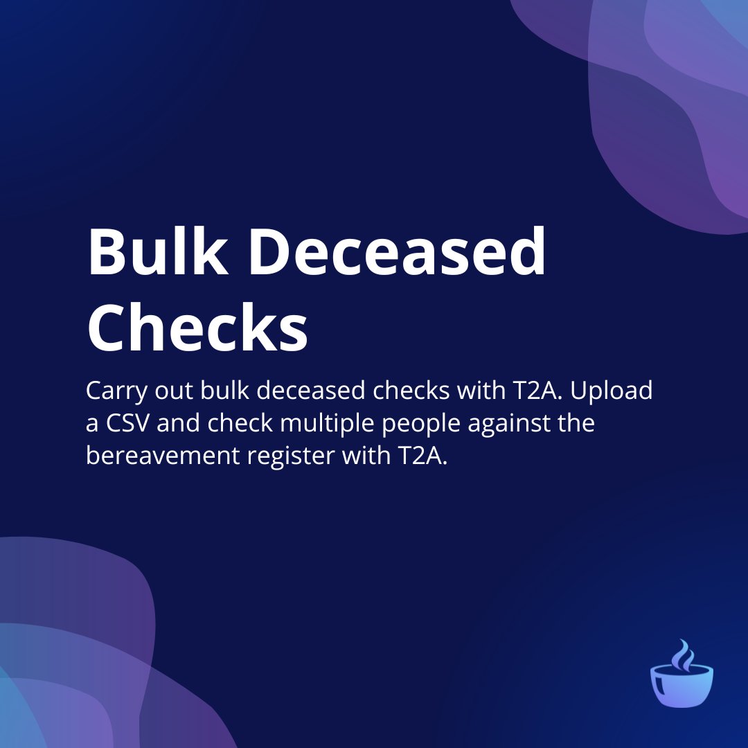 t2adotio's tweet photo. Carry out bulk deceased checks with T2A. Upload a CSV and check multiple people against the bereavement register with T2A. 

https://t.co/TPSR2dzQD2

 #BulkDeceasedChecks #BereavementRegister #IdentityVerification DataValidation KYCCompliance AMLChecks CustomerScreening https://t.co/wKUDM3RYUd