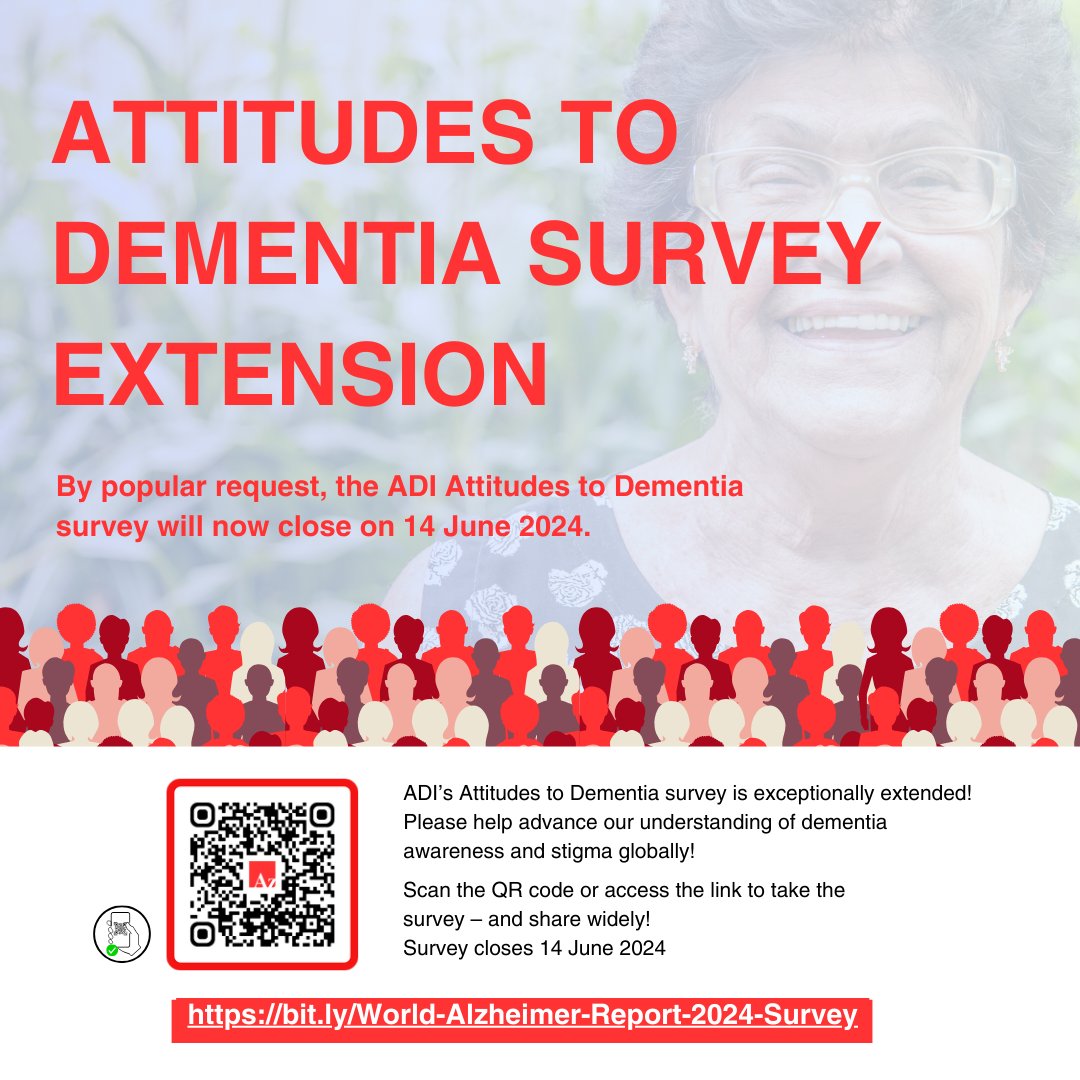 By popular request, we are officially extending our #AttitudesToDementia survey until Friday, June 14, 2024.  Help us advance awareness of #dementia stigma by taking the survey and sharing with your family, friends, and colleagues: bit.ly/World-Alzheime…