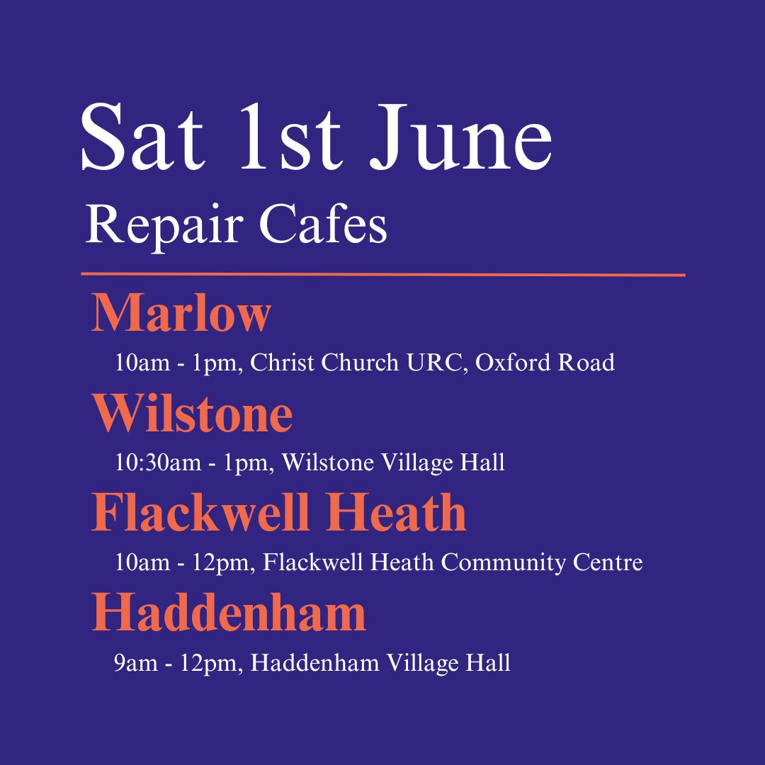 There are 4 cafes this weekend in and around Bucks - Marlow, Wilstone, Flackwell Heath and Haddenham.
Find your nearest cafe here: orlo.uk/aYWxK

#Repair #RepairRevolution #RepairInBucks