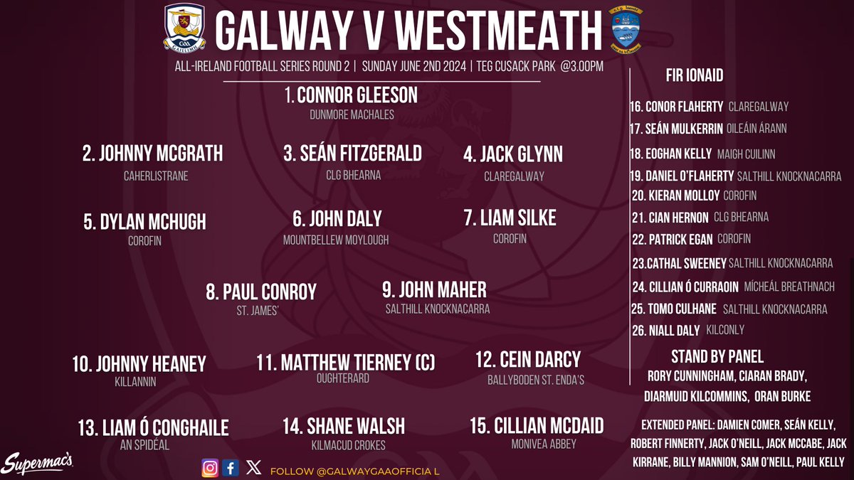 🚨TEAM NEWS🚨

Our Senior Football team to face Westmeath on Sunday is announced⤵️

📅Sunday June 2nd
📍TEG Cusack Park
🕠3.00PM

Buy Match Tickets ⏬
ticketmaster.ie/gaa-football-a…

Best of Luck to Padraic, Team Management and our Senior Football squad!

#riseofthetribes
#gaillimhabú