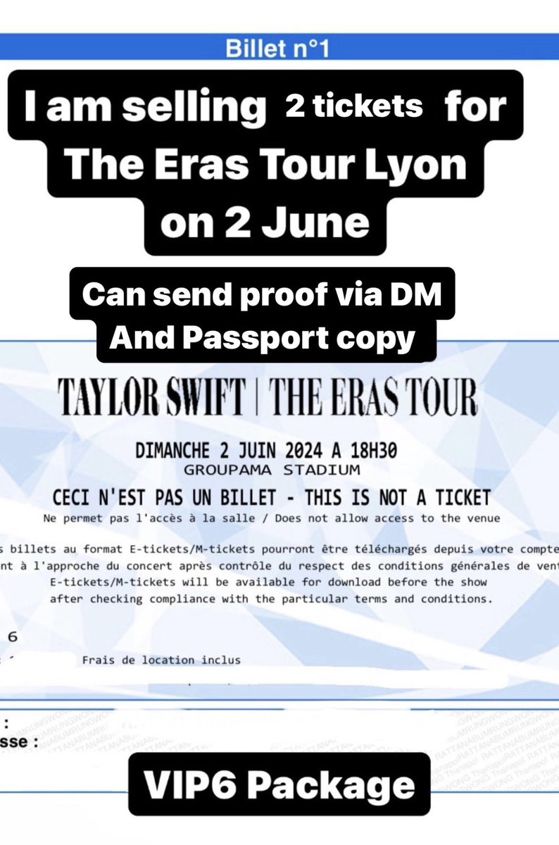 Eugeni_javaiva's tweet photo. Selling 2 ticket for Lyon, France
❤️‍🔥Vip6 Package❤️‍🔥
Date : June 2
Price : Original Price (face value price!) 
DM for more proof and details! 🫶🏻
#taylorswift                                  #erastourtickets #Erastourlyon #TSTheErasTour
#TSTheErasTourLyon 
 #LyonTSTheErasTour https://t.co/dEodusmdeh