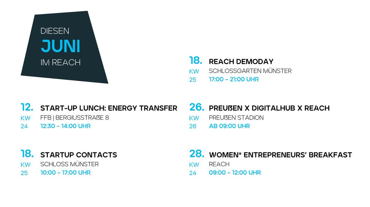 REACH - EUREGIO Start-up Center (@reach_euregio) on Twitter photo Unsere Events im Juni! 🚀 ✨
Demoday, Energy Transfer & mehr! Beim Demoday am 18. Juni könnt ihr die Gründungsszene der EUREGIO kennenlernen und die Top sechs Hochschul-Start-ups beim Pitchwettbewerb unterstützen. Zur kostenlosen Anmeldung geht es hier ➡️ evis.events/event/453/ Unsere Events im Juni! 🚀 ✨
Demoday, Energy Transfer & mehr! Beim Demoday am 18. Juni könnt ihr die Gründungsszene der EUREGIO kennenlernen und die Top sechs Hochschul-Start-ups beim Pitchwettbewerb unterstützen. Zur kostenlosen Anmeldung geht es hier ➡️ evis.events/event/453/
