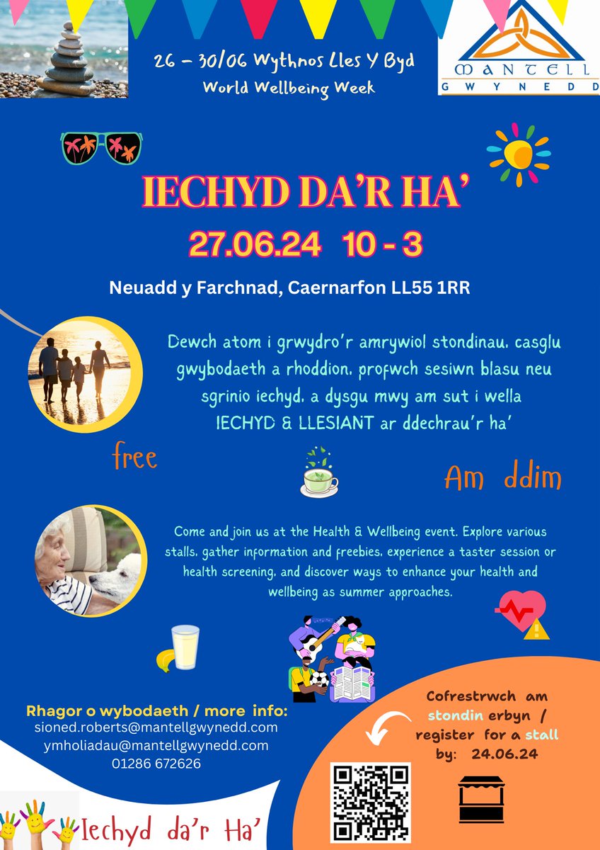 Iechyd Da’r Ha’  27.06.24 10am-3pm   Dewch atom i grwydro’r amrywiol stondinau, casglu gwybodaeth a rhoddion, profwch sesiwn blasu neu sgrinio iechyd, a dysgu mwy am sut i wella IECHYD A LLESIANT ar ddechrau’r ha’  #iechydmeddwl #IechydDa #Haf #Summer2024