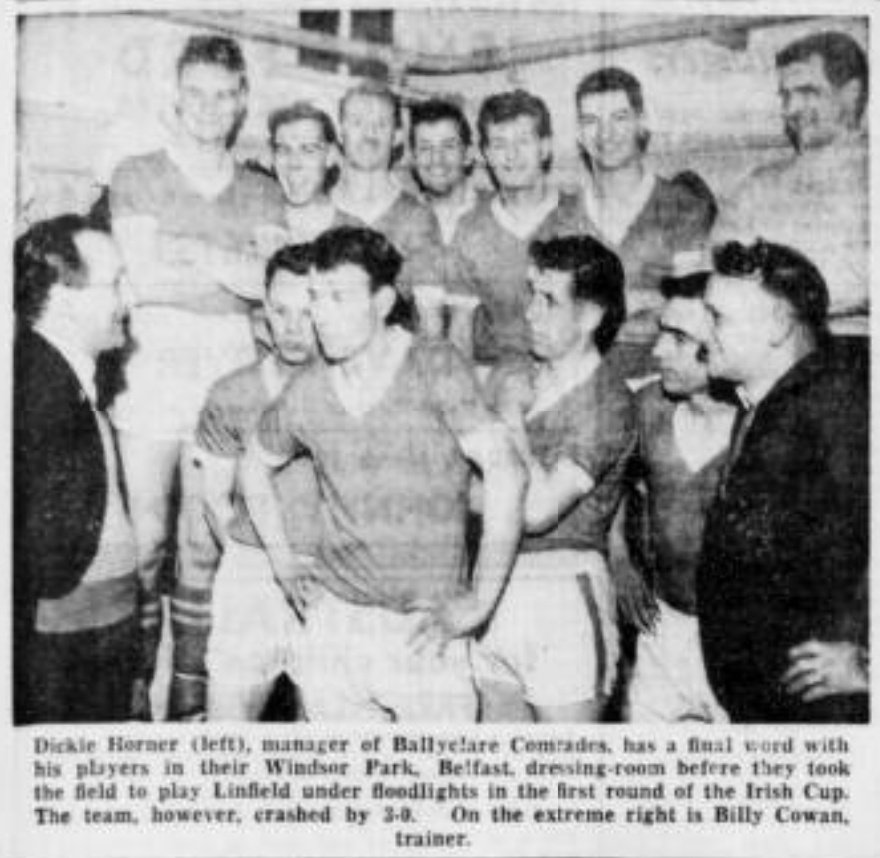 Our manager Dickie Horner having a word with his players in the Windsor Park dressing room before our 3-0 Irish Cup first round defeat to Linfield during the 1961/62 season

Linfield had beat us in the semi-finals of this competition the season before, our club's best ever season