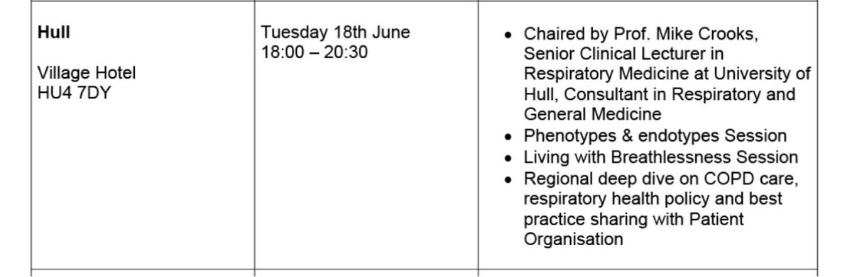 Do come along to the COPD roadshow on 18/6/24 that Prof Mike Crooks and Dr Ann Hutchinson are taking part in. For more details see COPD Medical Education Roadshow webapp.spotme.com/login/sanofi17…
