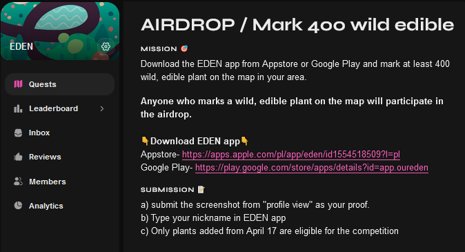 🧐New quest for the last days of the competition.

🍄Only for true lovers of Eden - mark 400 plants and discover nature around you.👇