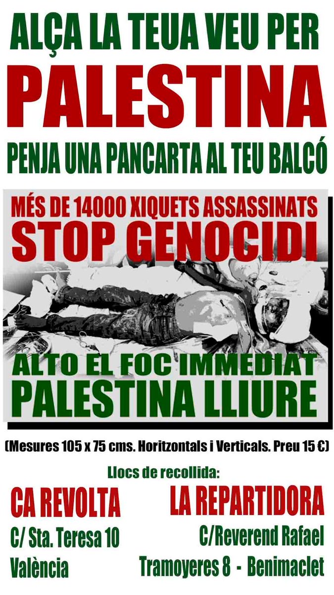 Ja podeu penjar la vostra pancarta per Palestina. En teniu a Ca Revolta i La Repartidora. Els beneficis es reinvertiran per la causa i finalment es donaran a ⁦⁦@BDSPaisValencia⁩. És una iniciativa de Kulturcrítics del País Valencià