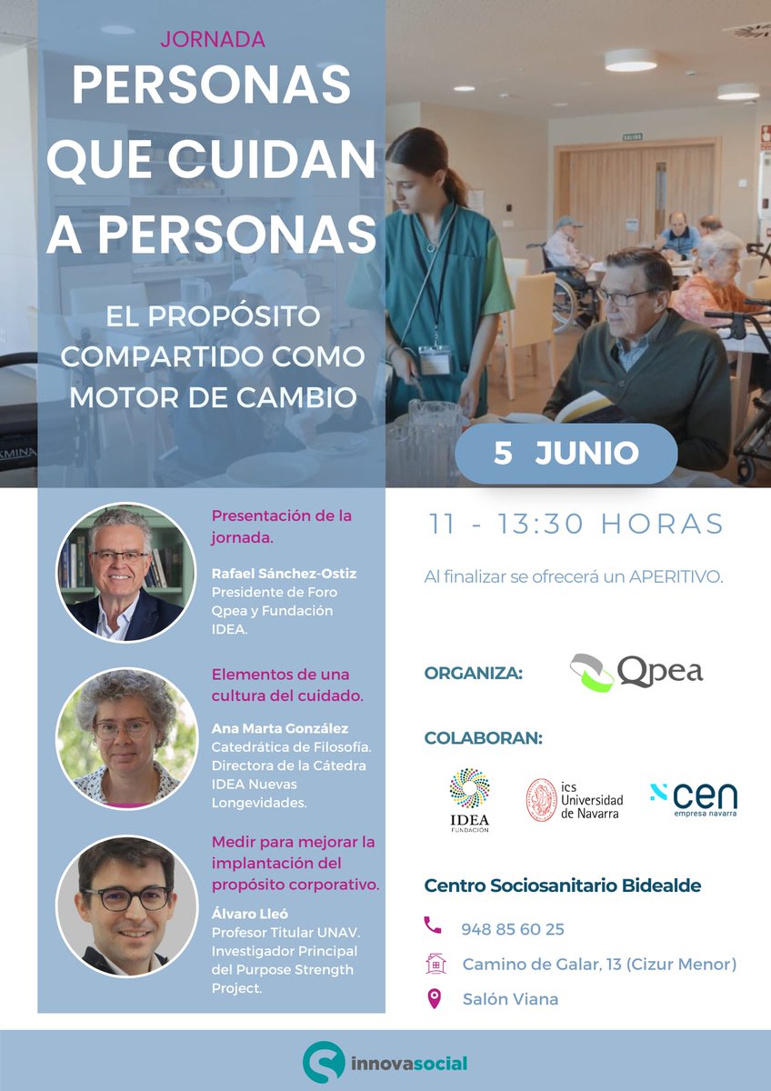La próxima semana el #ForoQpea organiza una jornada sobre personas que cuidan a personas:
🗓️5 de junio
⌚️11:00 h
📍Cizur Menor
🗨️‘Personas que cuidan. El propósito compartido como motor de cambio’
🎙️Rafael Sánchez-Ostiz, <a href="/anamartagg/">Ana Marta González</a>, <a href="/a_lleo/">Alvaro Lleo</a>.
#CátedraIDEA
unav.edu/eventos/-/even…