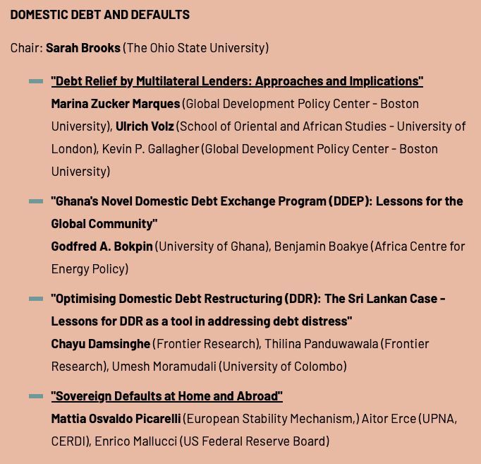 11:30 am CET: Domestic Debt & Defaults session chaired by @sarahmbrooks. We'll explore multilateral debt relief, Ghana's debt exchange, SL’s restructuring, & sovereign defaults. @MarinaZucker, @UliVolz, @GodfredA_Bokpin, @ChayuDamsinghe, & M. Picarelli.👇 buff.ly/3Vmwh7x