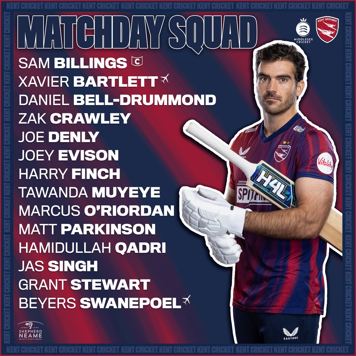 📝 Sam Billings skippers a 14-strong squad for our T20 opener at Chelmsford vs. Middlesex

ℹ️ Find out more information, & how to watch tonight's @VitalityBlast curtain-raiser, via our Match Preview: bit.ly/3yFaH58