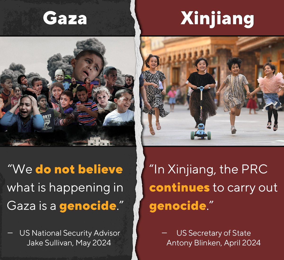 There's a Genocide in Gaza, NOT Xinjiang.