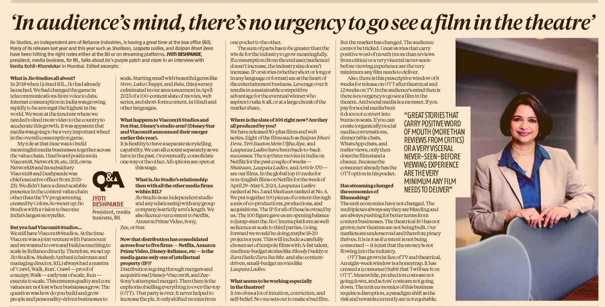 'The unit economics (of the cinema business) have not changed. The theatrical box-office has not grown;OTT has grown in lieu of TV. The unit economics need a disruption, a paradigm shift as the risk & rewards currently are not equitable,' says Jyoti Deshpande of @jiostudios. My