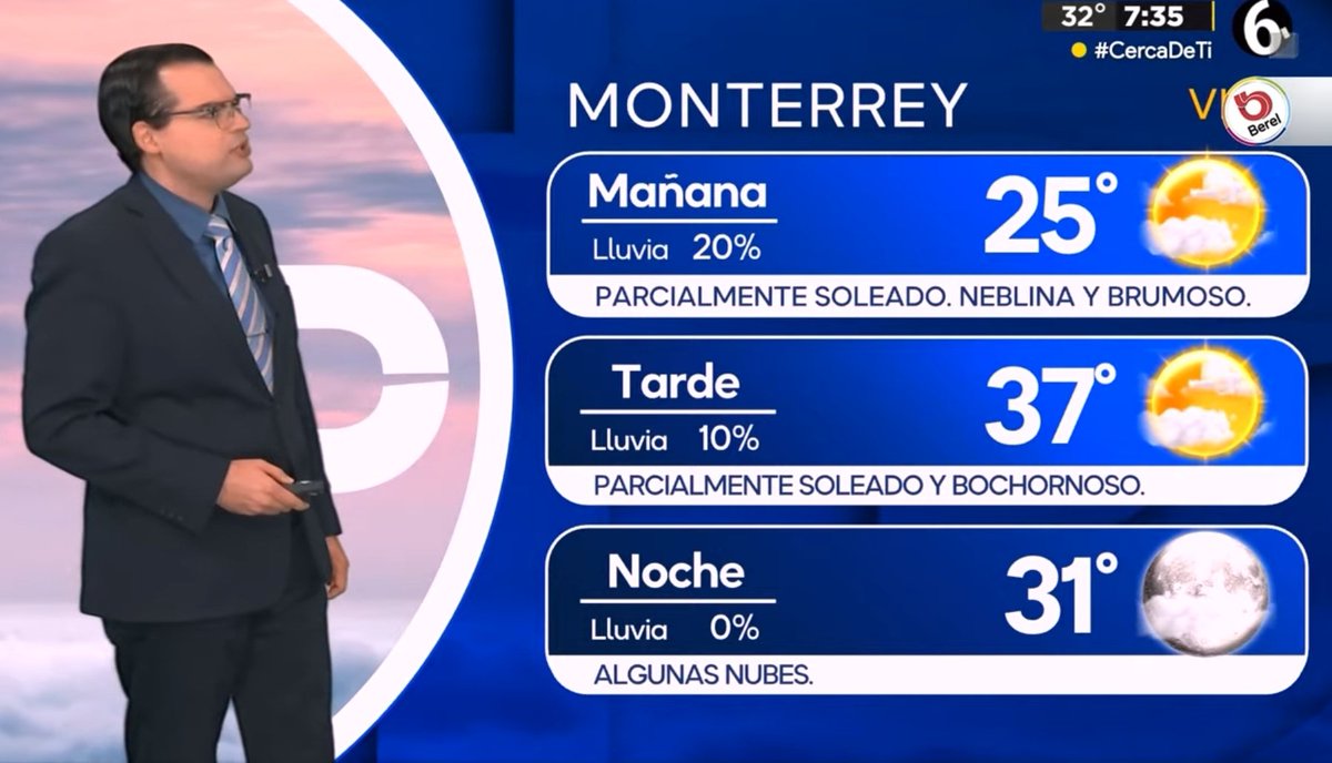 ⛅ Pronóstico Del Tiempo Viernes bochornoso en #Monterrey con máxima de 37°C, en zonas montañosas pueden reportarse algunos chubascos aislados. #ClimaDel6