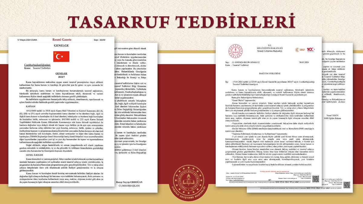Cumhurbaşkanlığı Tasarruf Tedbirleri Genelgesi'nin Bakanlığımız merkez ve taşra teşkilatında eksiksiz uygulanmasına yönelik resmî yazı ilgili birimlere gönderilmiştir. Konuya ilişkin detaylar için 👉 meb.ai/UbEK1g1

<a href="/Yusuf__Tekin/">Yusuf Tekin</a> 
<a href="/kemalsamlioglu/">Kemal ŞAMLIOĞLU</a> 
<a href="/ercanturk28/">Ercan TÜRK</a> 
<a href="/tcmeb/">Millî Eğitim Bakanlığı</a>