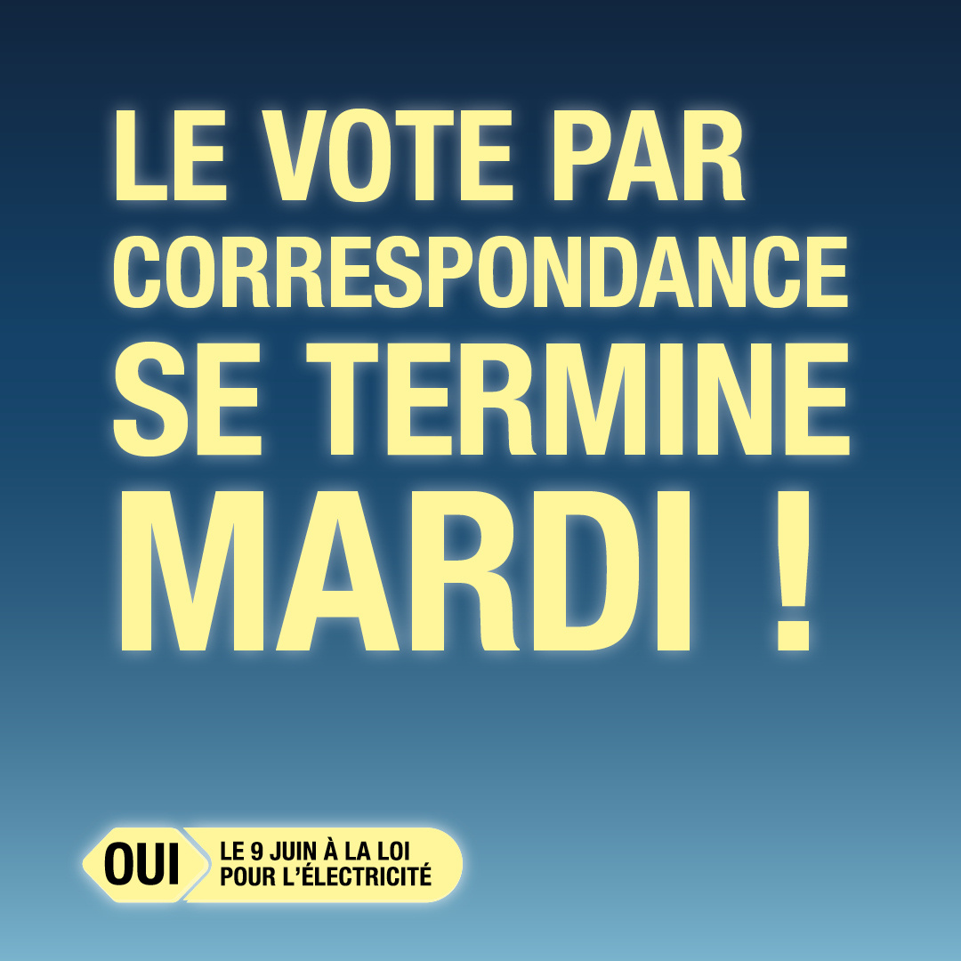 Votre enveloppe de vote est encore chez vous ? N’oubliez pas de voter Oui à la #loiélectricité et de la renvoyer par courrier. Le vote par correspondance est encore possible jusqu’à mardi. #loiélectricitéoui #chvote #vot24