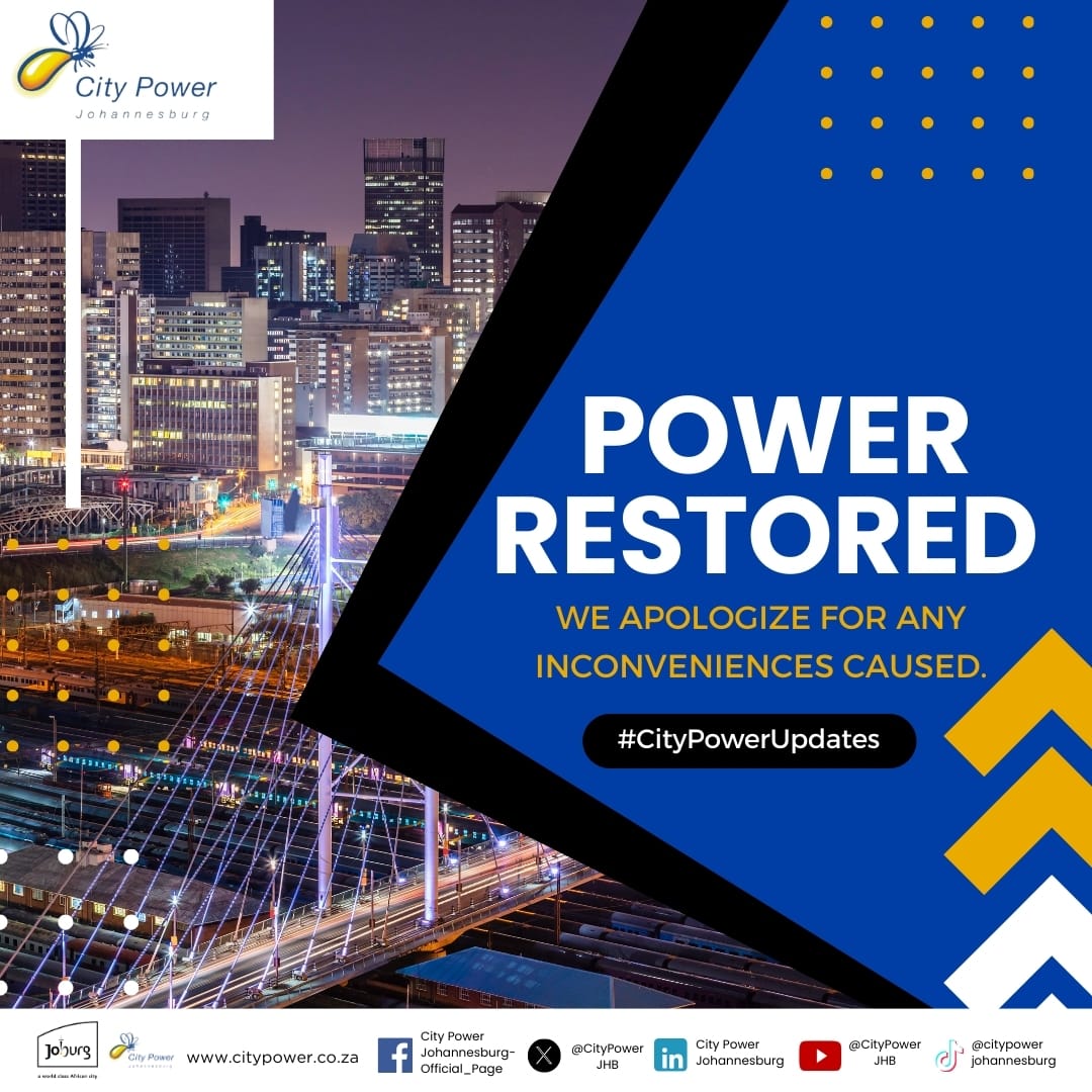 #CityPowerUpdates
#RooderpoortSDC

Roodepoort SDC
Friday, 31 May 2024 at 14h04
Peter Road Substation (Wilgeheuwel, Little Falls): Full supply has been restored after the Florin Street Lifestyle Crossing fault was repaired.

Should customers in the vicinity still be experiencing