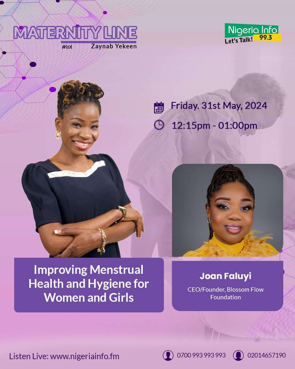 Tune in today at 12:15 PM to Nigeria Info 99.3 FM for an insightful discussion on 'Improving Menstrual Health and Hygiene for Women and Girls' with  Joan Faluyi, on the Maternity Line with Zaynab Yekeen

#MenstrualHealth #Blossomflow #NigeriaInfoFM #BeHerPeace #PeriodPoverty