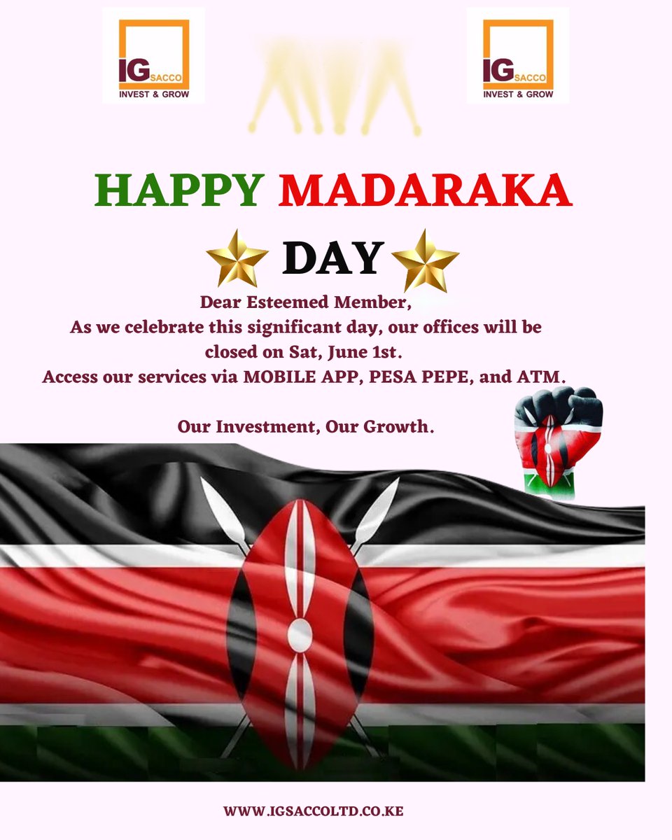 IGSACCOSOCIETY's tweet photo. Honoring our journey to self-governance this Madaraka Day    

At IG SACCO, we are committed to empowering our members and supporting your financial freedom.

Our Investment, Our Growth
#MadarakaDay# #IGSacco #Empowerment #FinancialFreedom # https://t.co/My4475HFma