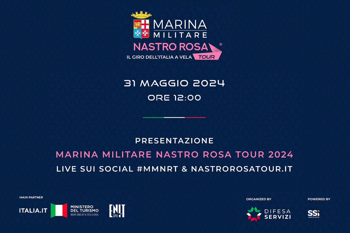 Segui la diretta streaming della presentazione della 4^ edizione del #MarinaMilitare @nastrorosatour sul sito web ufficiale shorturl.at/HeFPf a partire dalle 12.00!
