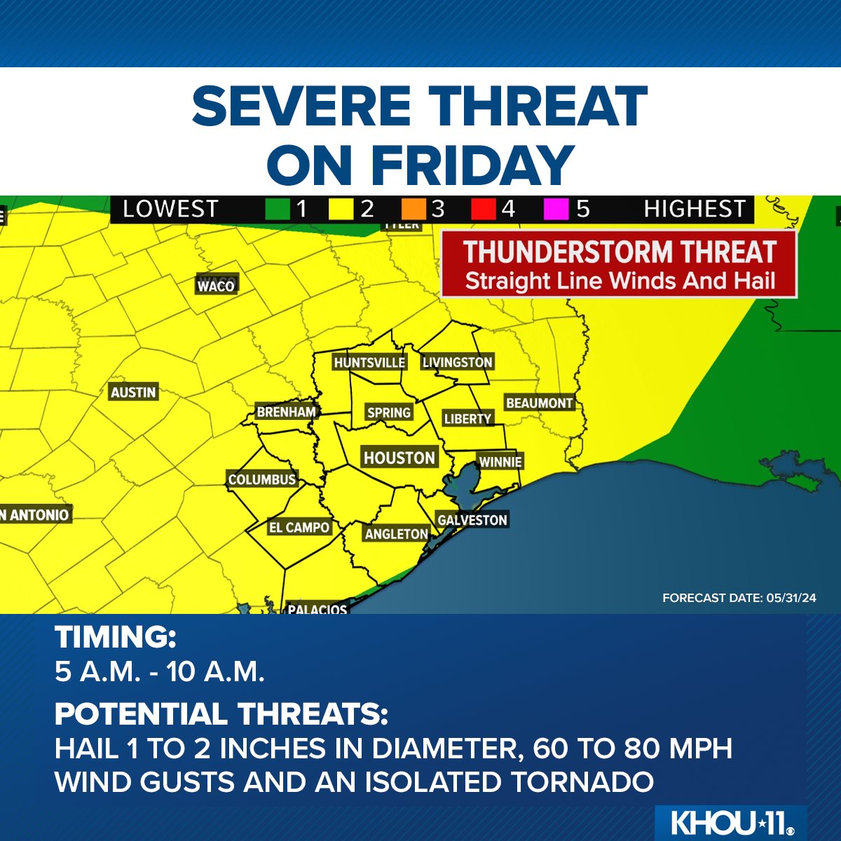 SEVERE WEATHER THREAT | The KHOU 11 Weather Team is tracking strong to severe storms moving into Houston between 5 a.m. to 10 a.m. We could see hail 1 to 2 inches in diameter, 60 to 80 mph wind gusts, and an isolated tornado. Check the forecast: khou.com/article/weathe…