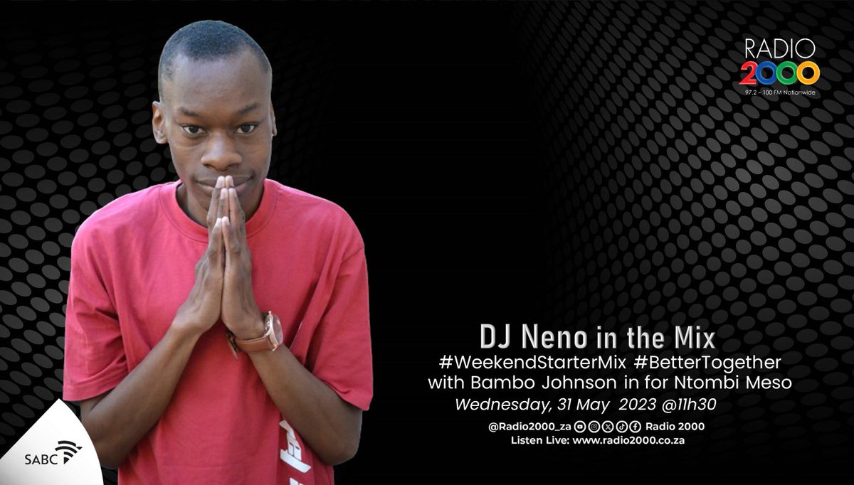Radio2000_ZA's tweet photo. DJ Neno ushers you into the weekend on the #WeekendStarterMix this morning 🎶🎶

Enjoy the mix and have yourselves a fantastic weekend, keep it locked to the fastest growing radio station in South Africa 😀

#BetterTogether #Radio2000 https://t.co/6WscR4T54t