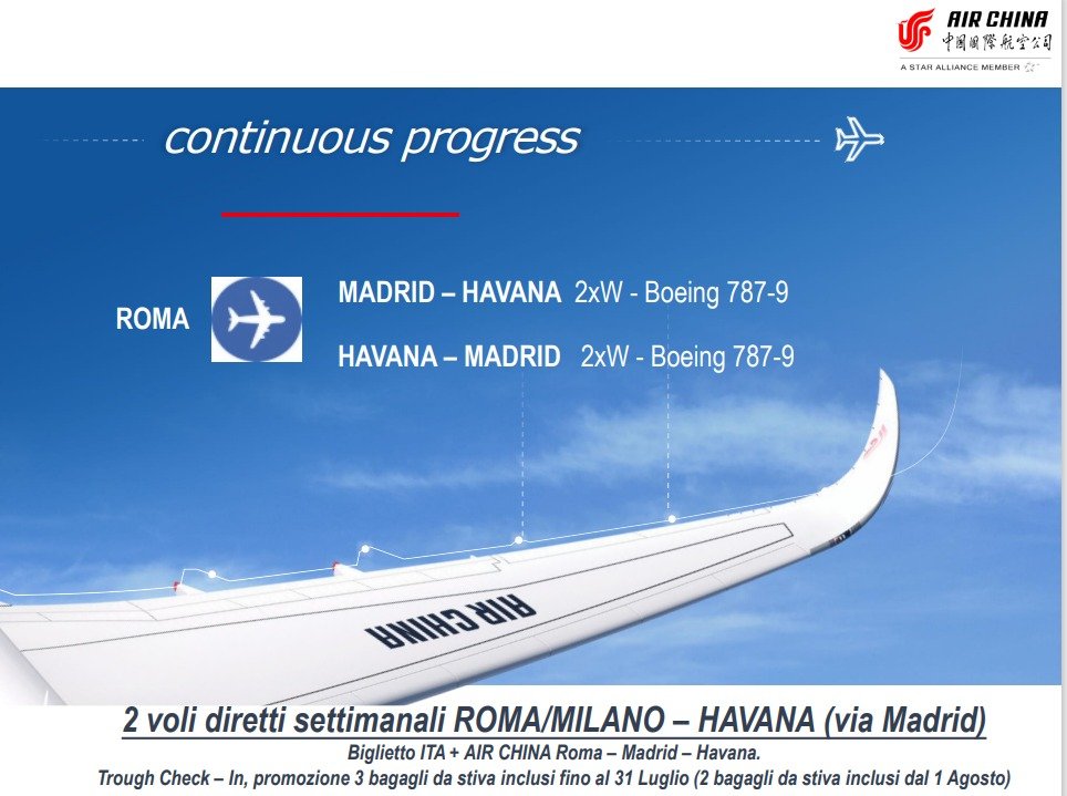 #Scopri 📢 | Nuovo collegamento per i passeggeri dall'#Italia che desiderano raggiungere #CubaÚnica tramite <a href="/ITAAirways/">ITA Airways</a> in collaborazione con <a href="/airchina/">Air China</a>. 

🗓️ Ogni martedì e sabato
✈️ Roma/Milano-Madrid-Havana
🧳 3 valigie da 23 kg consegnate direttamente a L'Avana