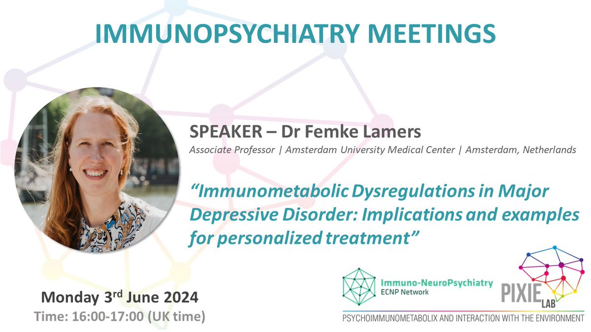 PIXIELabKCL's tweet image. ✨There are only 2 meetings left in this season of Immunopsychiatry meetings, supported by @ECNPtweets!

For this penultimate talk, join Dr @LamersFemke on Monday 3rd June at 4pm BST for a session about immunometabolic dysregulation in depression

Join🔗: bit.ly/4btN6Tz
