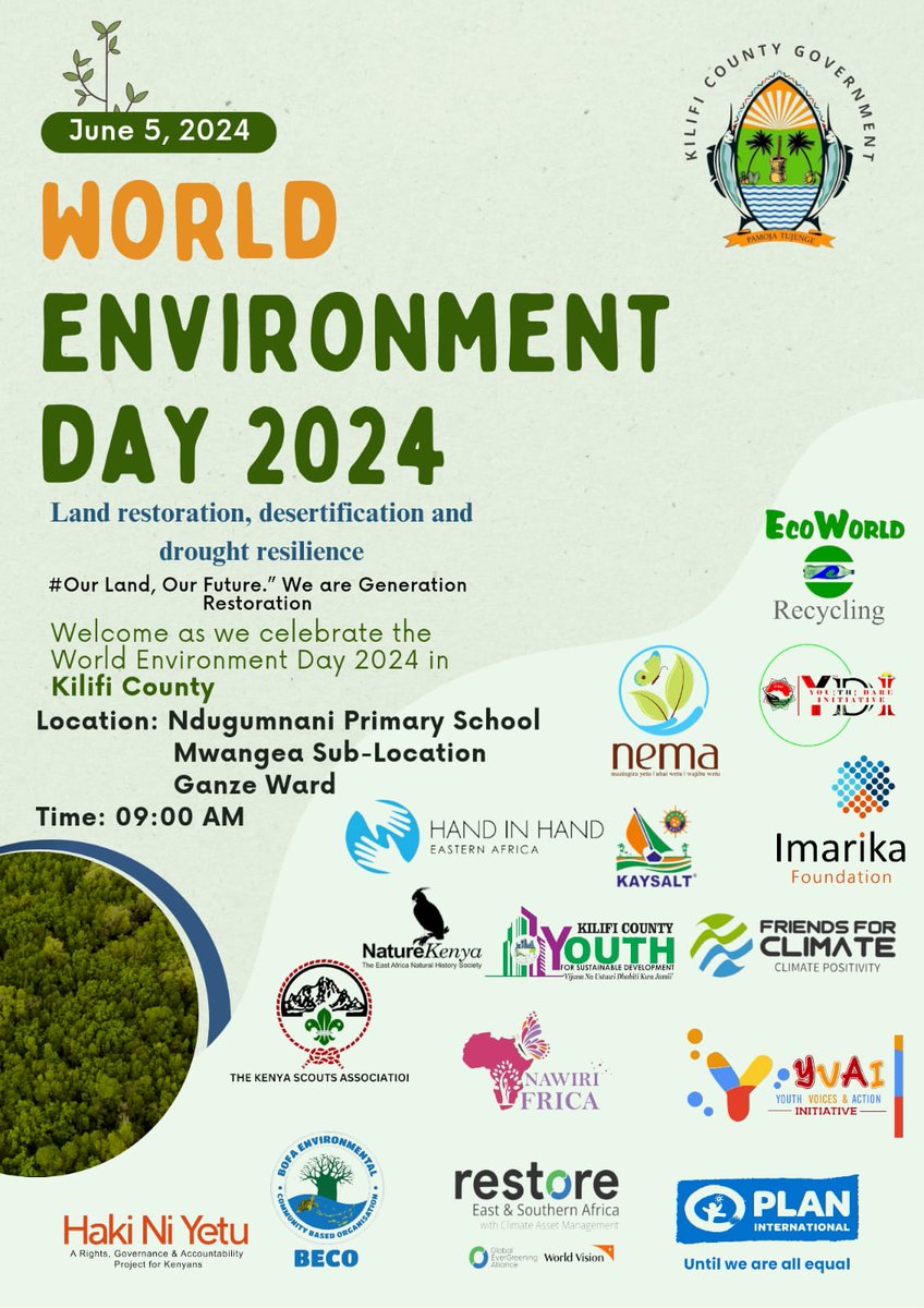 We will be joining kilifi county #Environmental stakeholders in  Mwangea at Ndugu Mnani Primary school,Ganze Sub-county in marking this year's #WorldEnvironmentDay2024.
This year's theme is'accelerating land restoration,drought resilience & desertification progress'
#FFCCBO