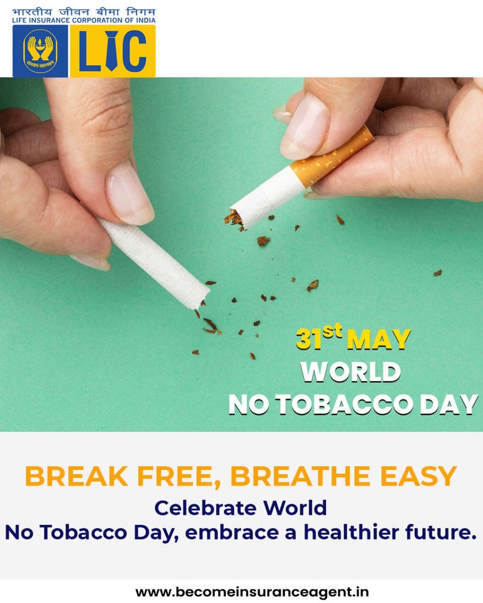 becomelicagent's tweet photo. Break free, breathe easy
Celebrate World No Tobacco Day, and embrace a healthier future.
#worldnotabacooday 
.
#notabacooday #notabacoo #notabacooday #dontsmoke #smokingisinjurioustohealth #saynototabacoo #staysafe #stayhealthy #life #lic #LICinsurance #licagent #health https://t.co/VAd5xTpkAs