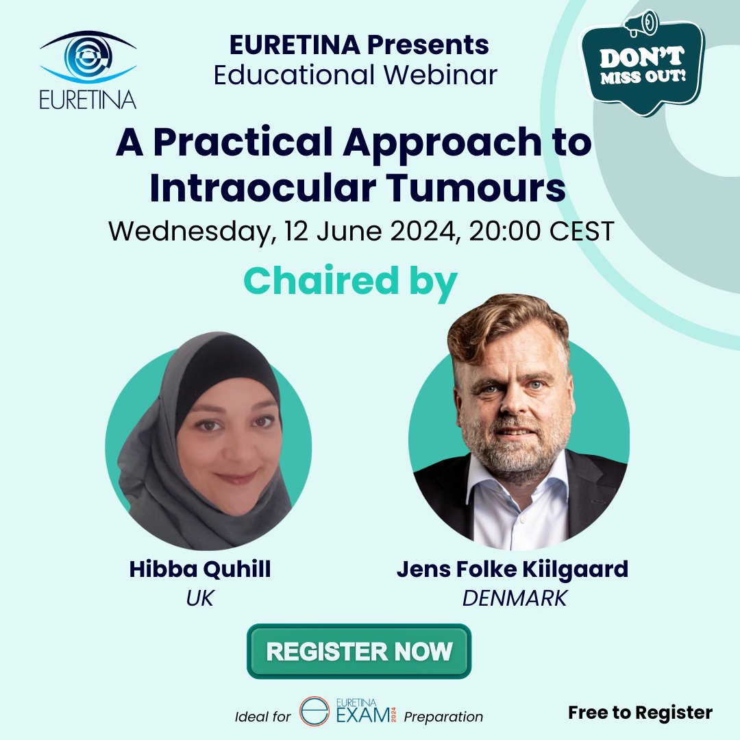 🌟Sign up for the EURETINA Educational Webinar: A Practical Approach to Intraocular Tumours, hosted by Hibba Quhill of Sheffield Teaching Hospitals and Jens Folke Kiilgaard of Rigshospitalet. 📅 12 June 2024 🕗 20:00 CEST 📍 Register: ow.ly/Mf2V50S3KNs #RetinaWebinar