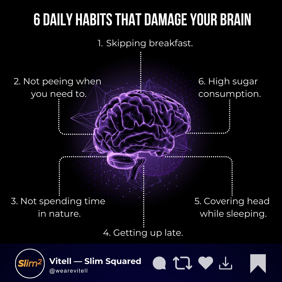 6 Daily Habits That Damage Your Brain.

• Getting up late.
• Skipping breakfast.
• High sugar consumption.
• Not spending time in nature.
• Not peeing when you need to.
• Covering head while sleeping.

#HealthyHabits #WellnessTips #DailyRoutine #SelfCare #HealthyLiving