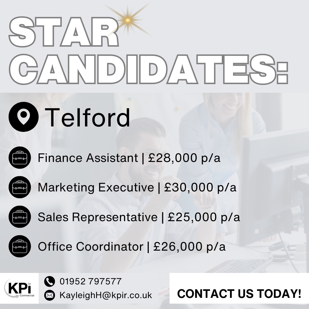 🌟 STAR CANDIDATES: TELFORD

Call Kayleigh on 01952 797577 or email KayleighH@kpir.co.uk for more information on our exceptional candidates.

#RecruitmentAgency #ShropshireJobs #StaffSolutions #NowHiring #KPIRecruiting
