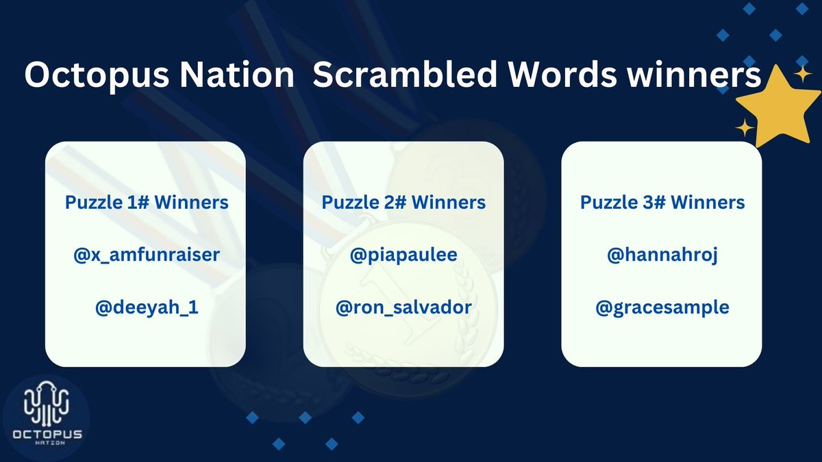 OctopusNation_'s tweet photo. We are thrilled to announce the winners of the Scrambled Words Puzzle 🧩 contest.
@x_amfunraiser
@deeyah_1
@piapaulee
@ron_salvador
@hannahroj_near
@SampleIb
Thank you everyone for your participation and stay tuned for more contest!
Drop your near wallet address https://t.co/TNzFE147Sz