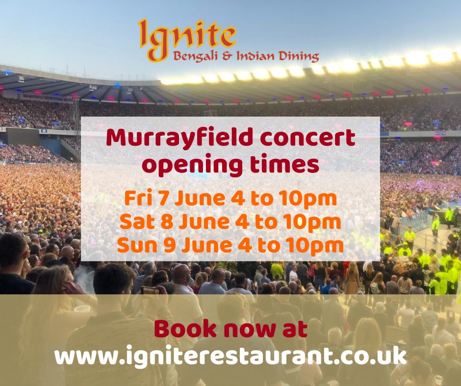 IgniteEdinburgh's tweet image. We are open from 4 pm on 7, 8 and 9 June for Taylor Swift concertgoers at Murrayfield. 🎶🎤 Book today to avoid disappointment at igniterestaurant.co.uk or call 0131 228 566 to book your table today (line open 5-10 pm). 👏👈 #taylorswiftedinburgh #murrayfield