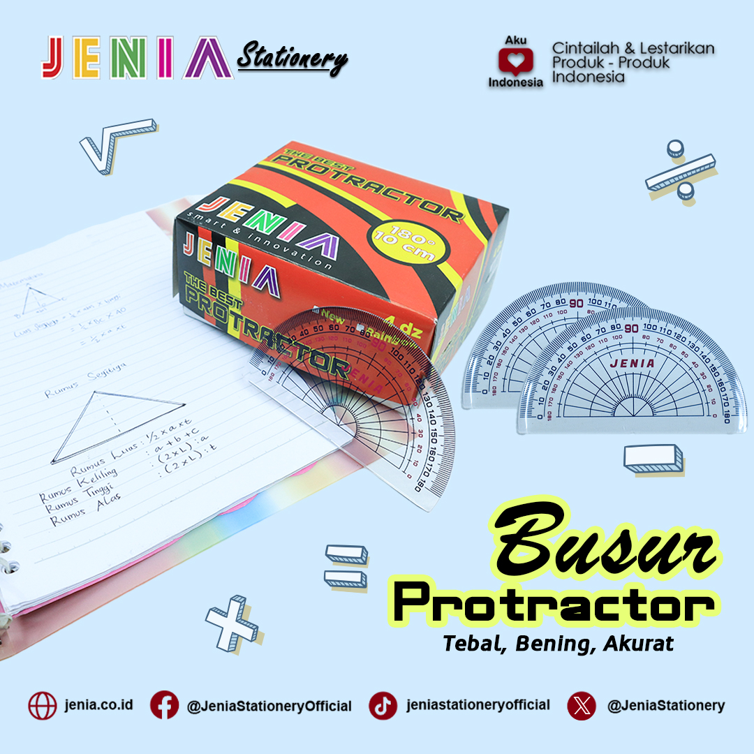 JeniaStationery's tweet image. Bening, Tebal, Akurat😍

Protractor/Busur JENIA hadir dengan material yang bening, tebal dan presisi. Dengan panjang 10 cm dan sudut setengah lingkaran (180 Derajat) sangat membantu di dalam pengerjaan pengukuran kamu lho,,

#Protractor #busurderajat #stationerysupplier