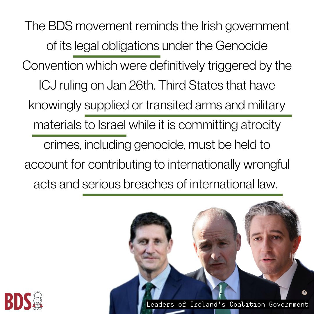 The BDS movement reminds the Irish government of its legal obligations under the Genocide Convention which were definitively triggered by the ICJ ruling on Jan 26th. Third States that have knowingly supplied or transited arms and military materials to Israel while it is